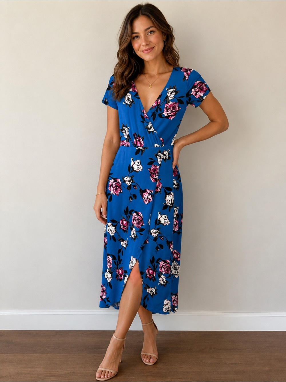 Rebel Sugar Blue Floral Wrap Midi Dress with Pink & White Roses Size XS